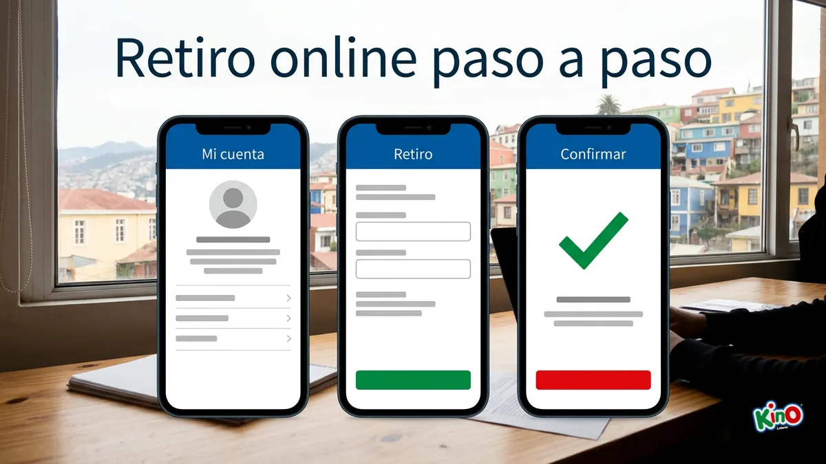Tres pantallas de teléfono con el retiro online de premios de Kino paso a paso