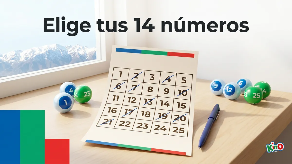 Elige tus 14 números del 1 al 25 en Kino: cartón y bolas sobre el mostrador