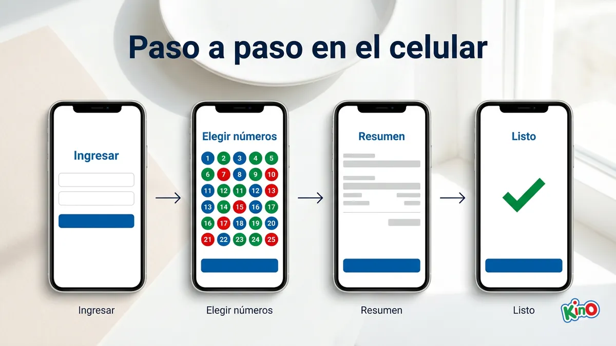 Cuatro pantallas de celular que muestran el paso a paso para apostar en Kino desde loteria.cl