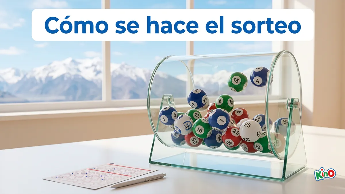 Tómbola de vidrio con bolas numeradas del 1 al 25 en el sorteo del Kino, con los Andes al fondo