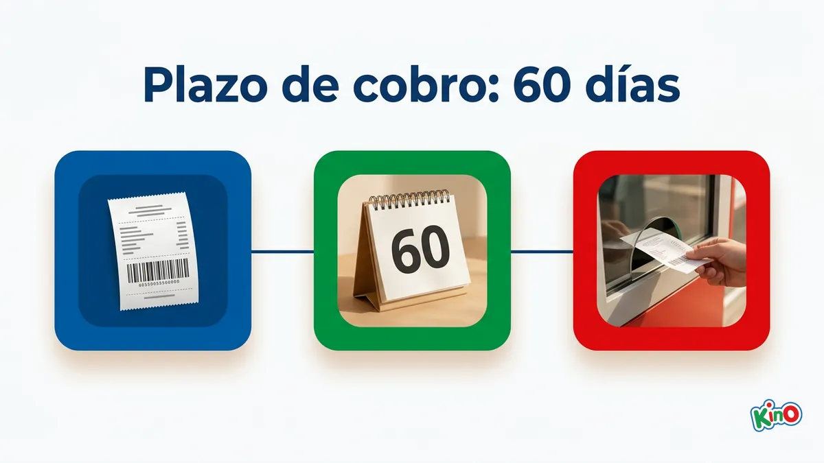 Línea de tiempo con boleto, calendario de 60 días y ventanilla de agencia para cobrar el premio del Kino